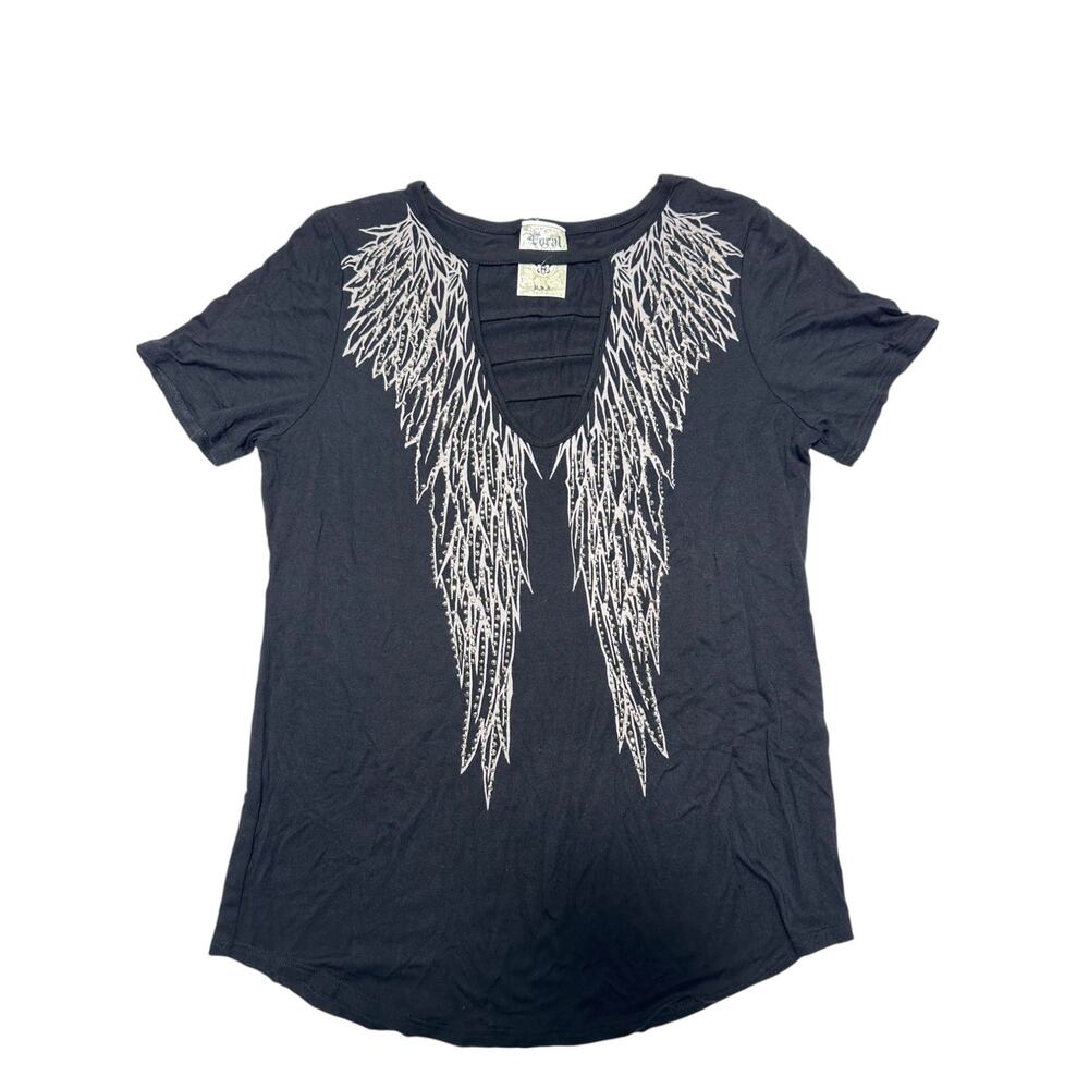 Vocal USA Black Angel Wings Cutout Rhinestone Tee Shirt Size Large